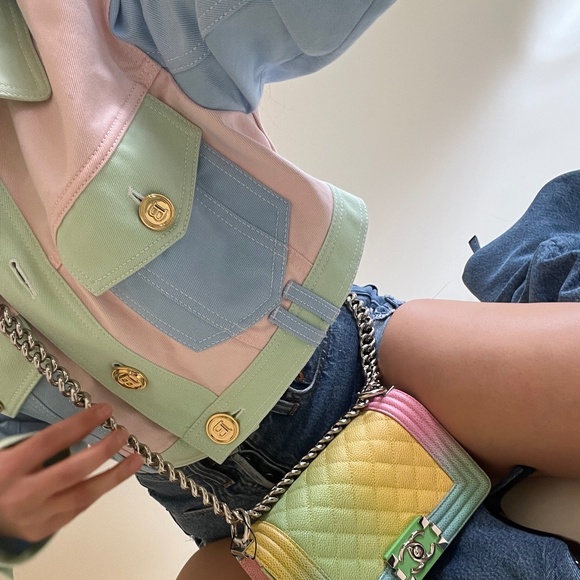 Balmain Multicolor Pastel Crop Blue Pink Seafoam Green Button Jacket Denim - Picture 8 of 11